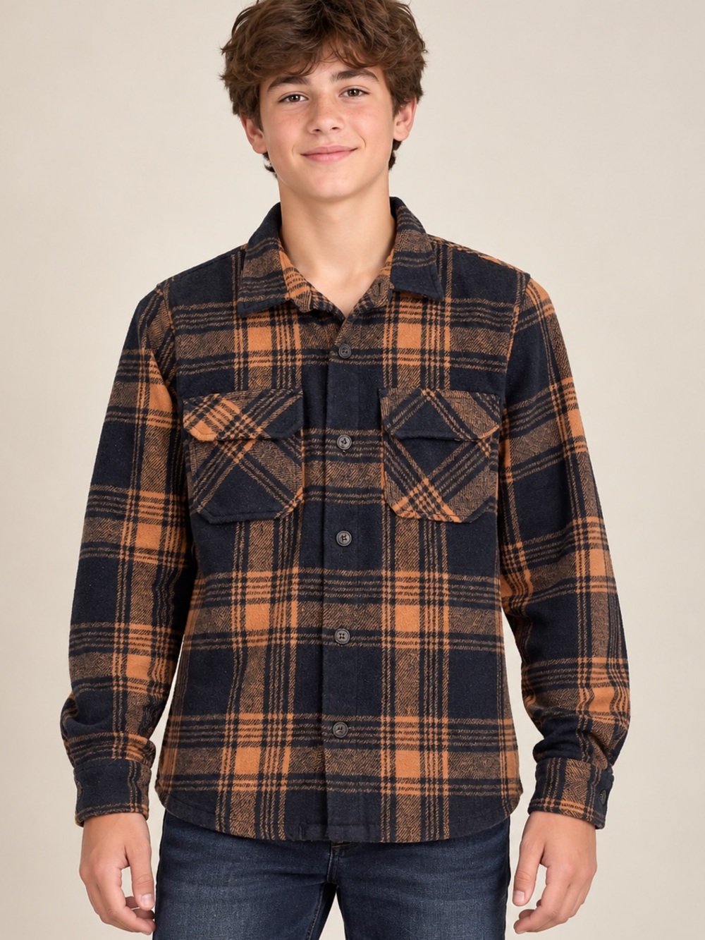 UH Youth Plaid Flannel Shacket Boys L 14-16 Black & Caramel Brown